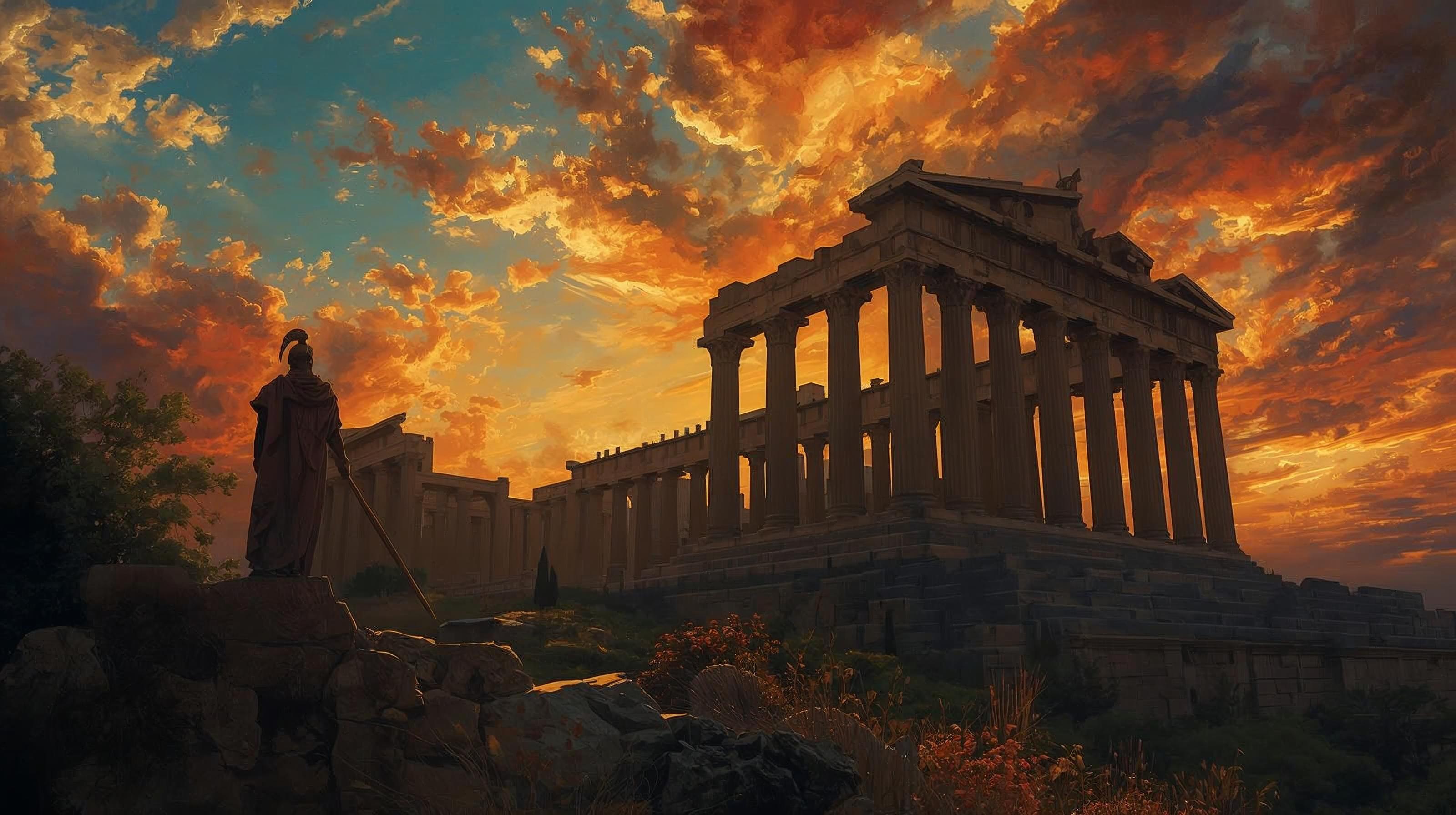 Ancient temple with a warrior statue against a dramatic sunset sky. Wear your epic. Follow the journey for classic clothing and accessories.