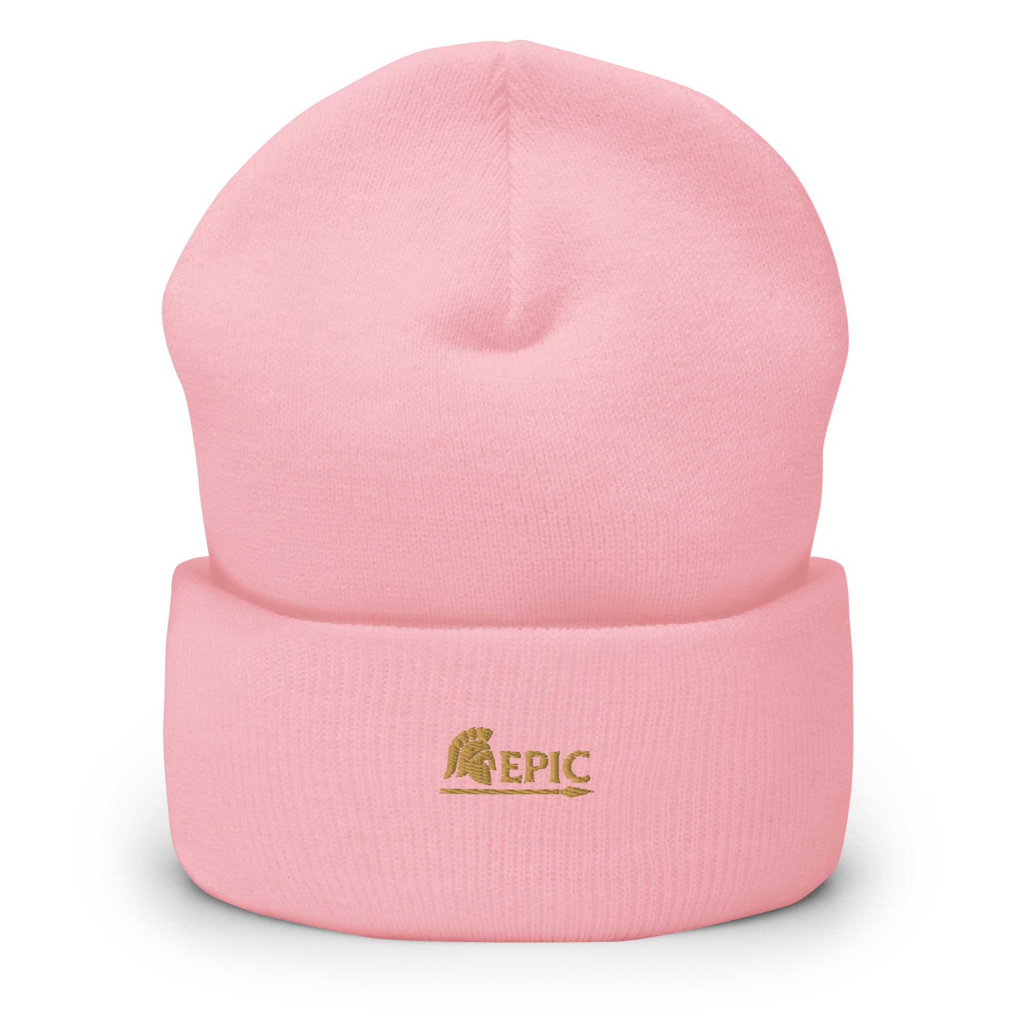 Pink beanie with 'EPIC' logo on a white background