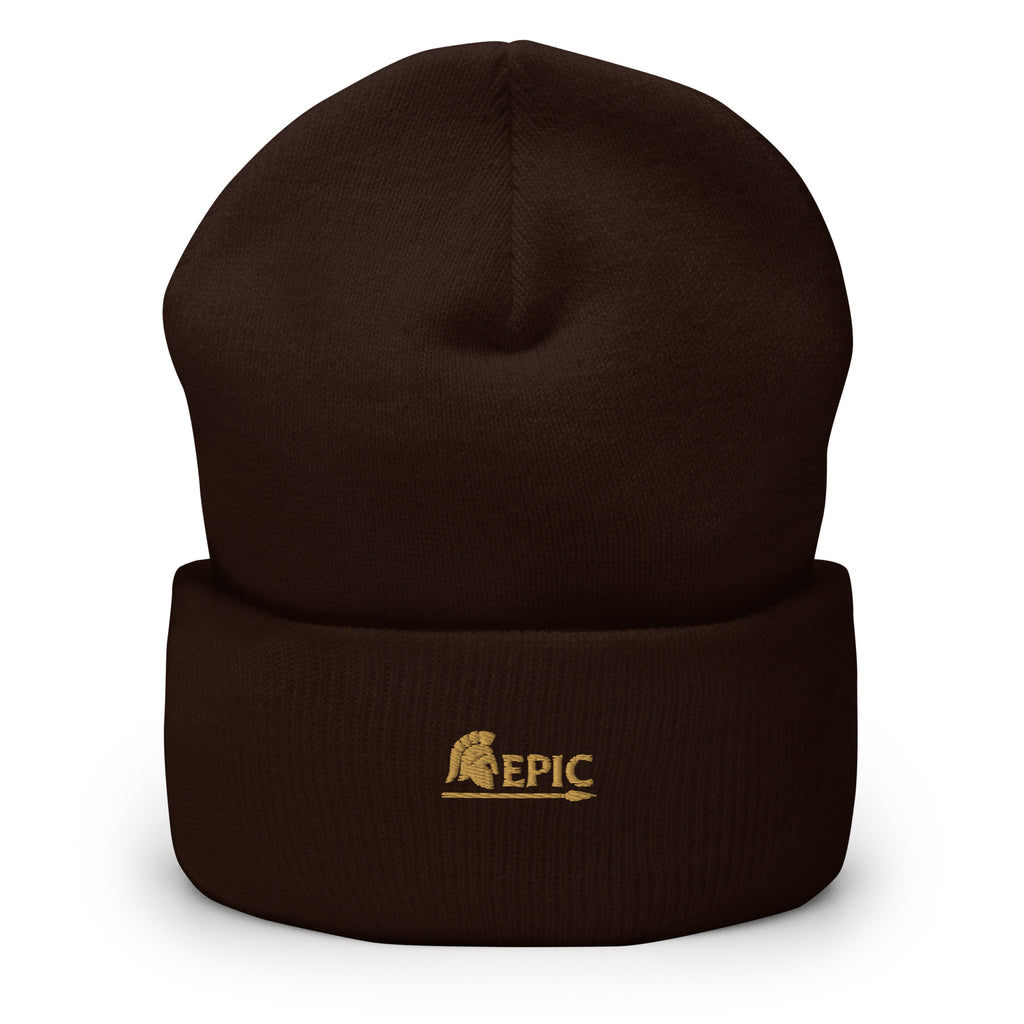 Brown beanie with 'EPIC' logo on a white background
