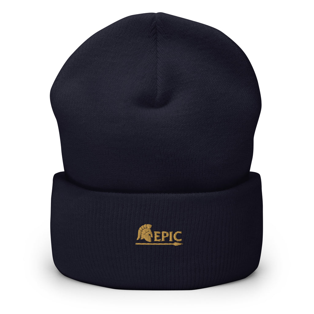Navy beanie with 'EPIC' logo on a white background
