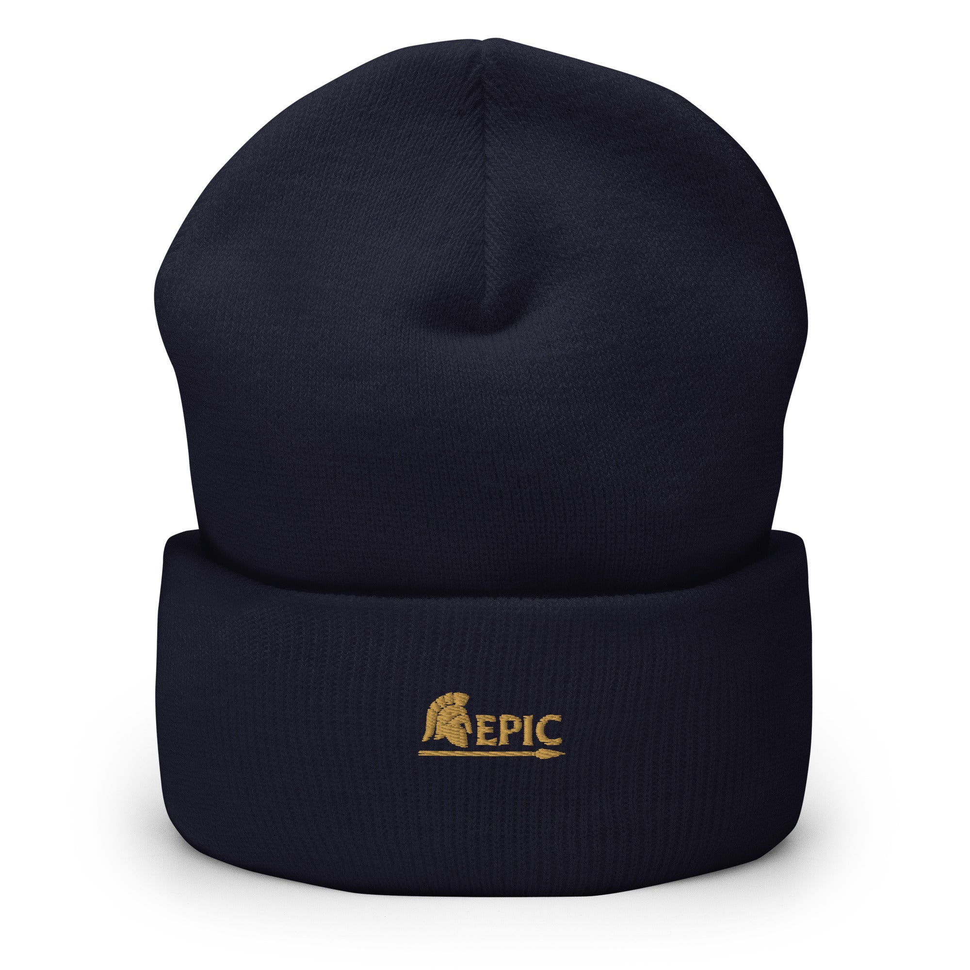 Navy beanie with 'EPIC' logo on a white background