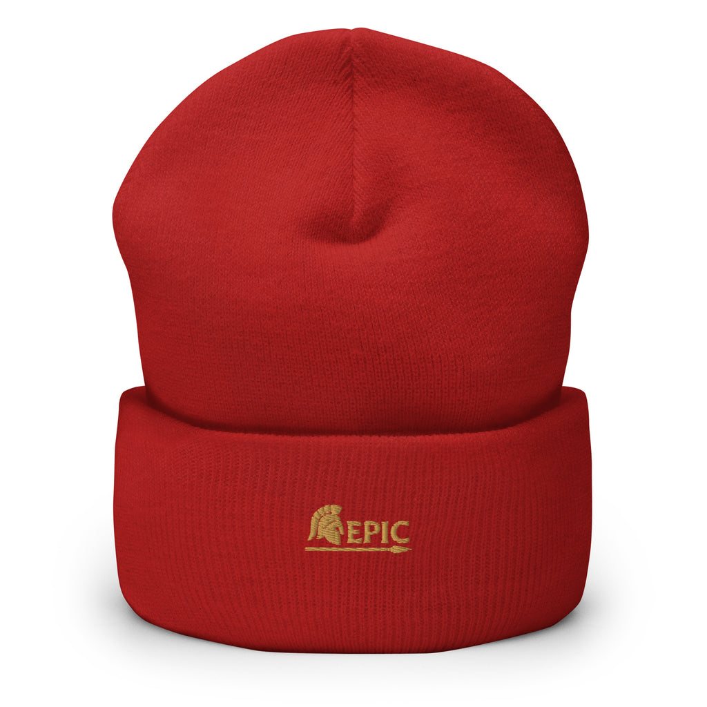 Red beanie with 'EPIC' logo on a white background