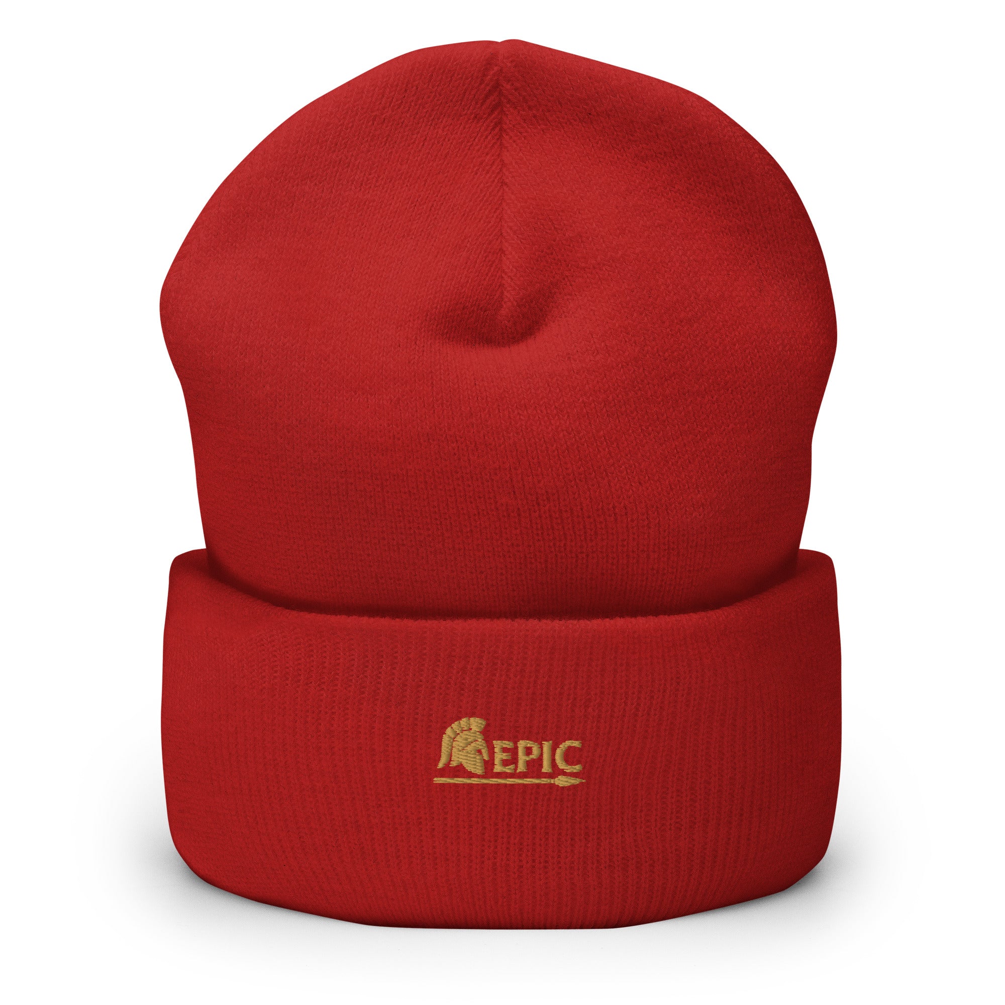 Red beanie with 'EPIC' logo on a white background
