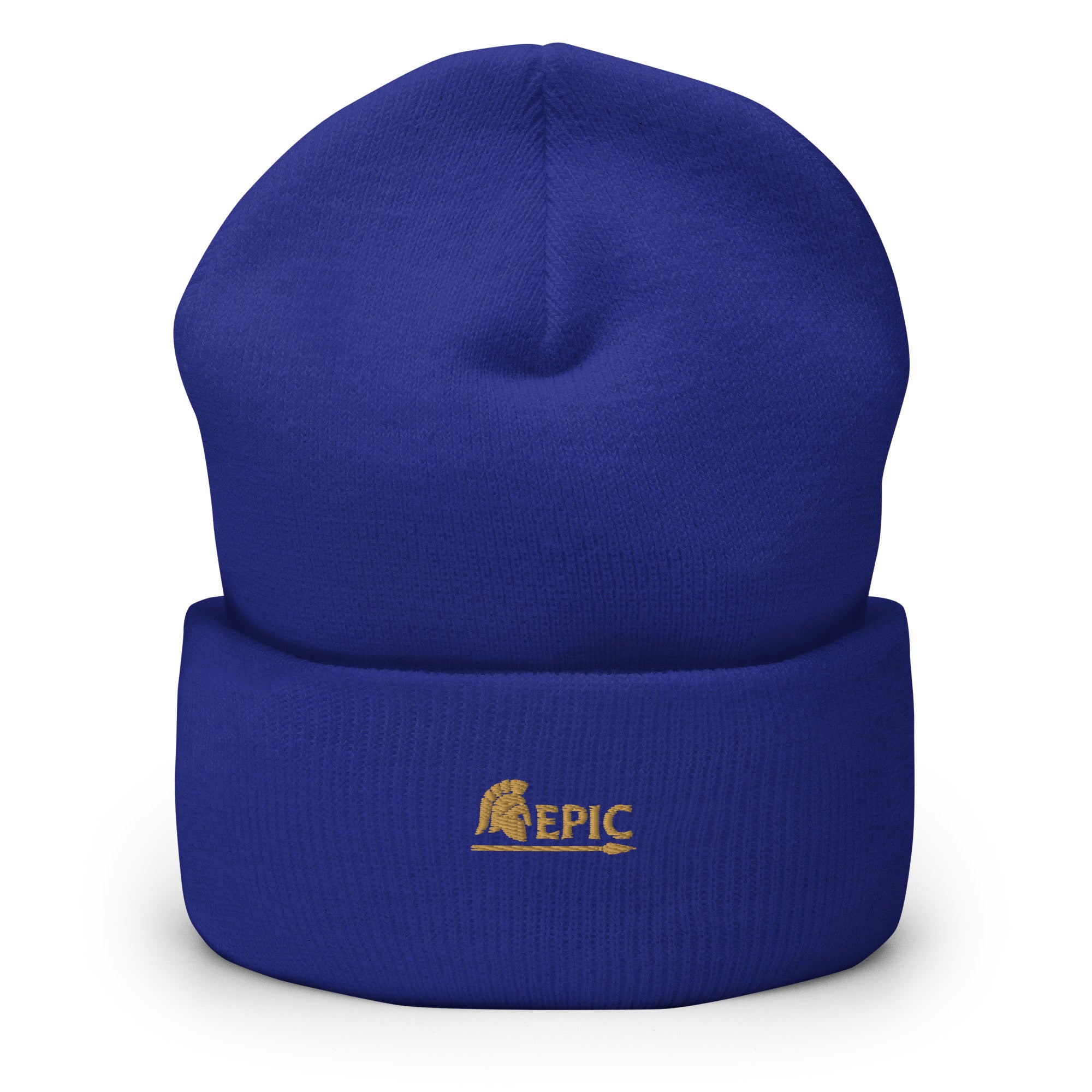 Blue beanie with 'EPIC' logo on a white background