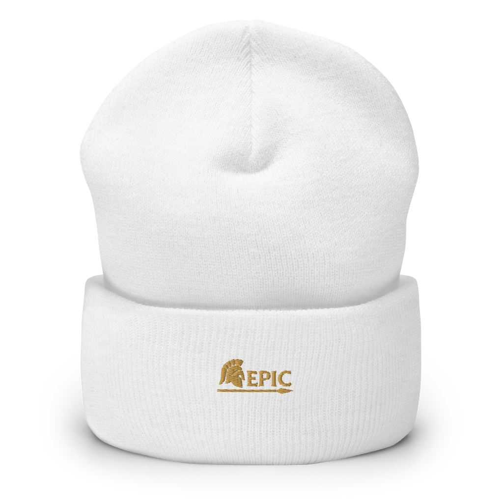 White beanie with 'EPIC' logo on a white background