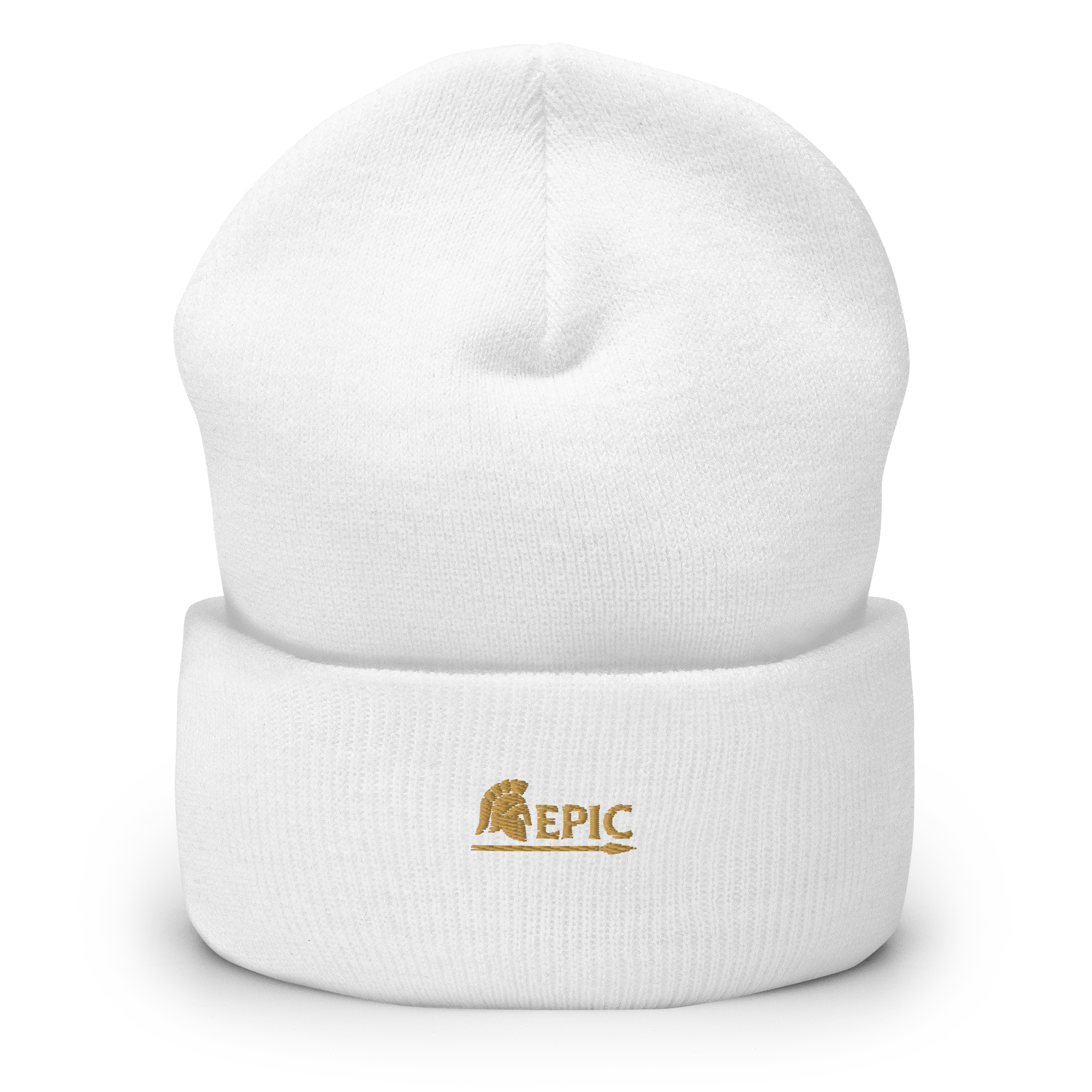 White beanie with 'EPIC' logo on a white background