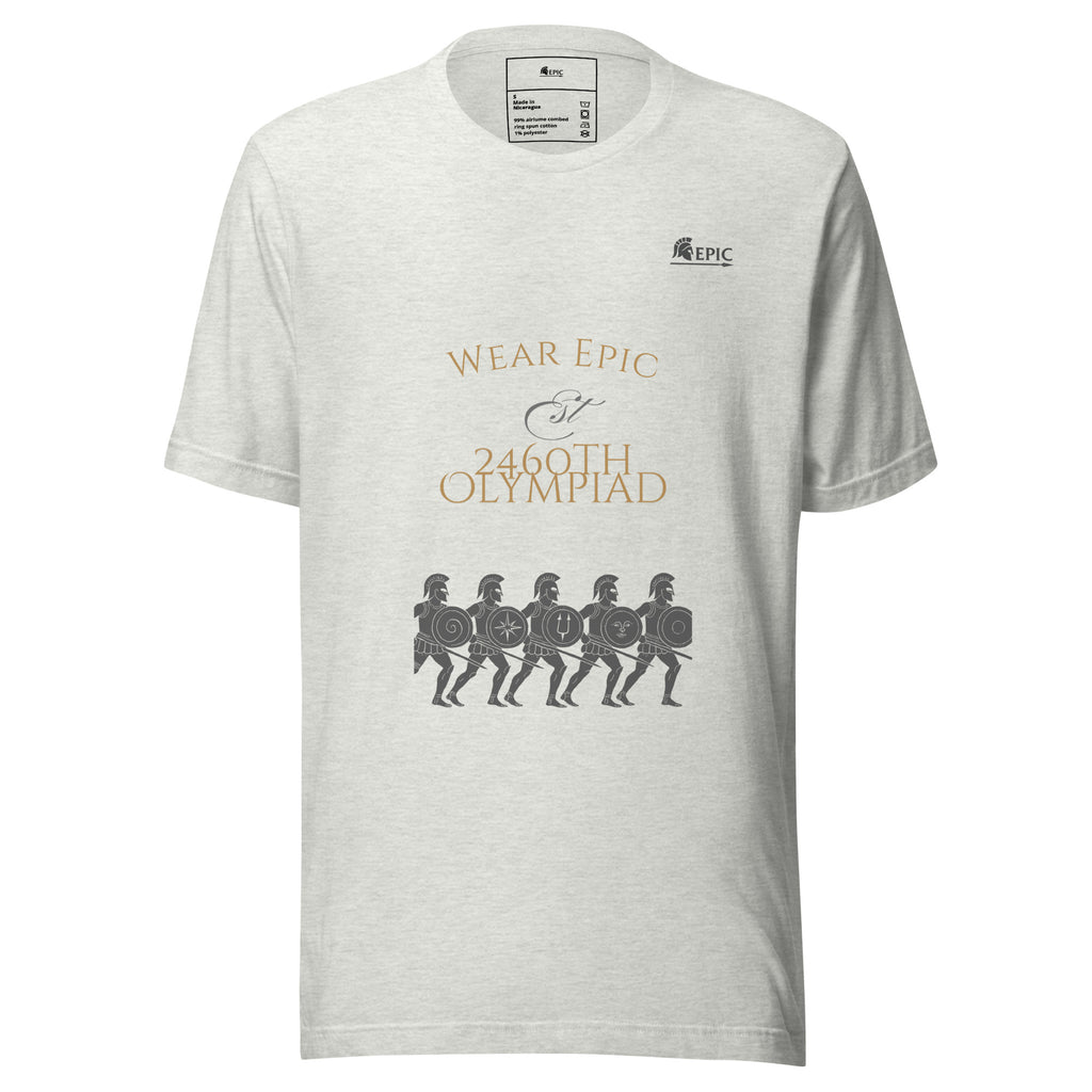 White t-shirt with graphic design and text on a white background