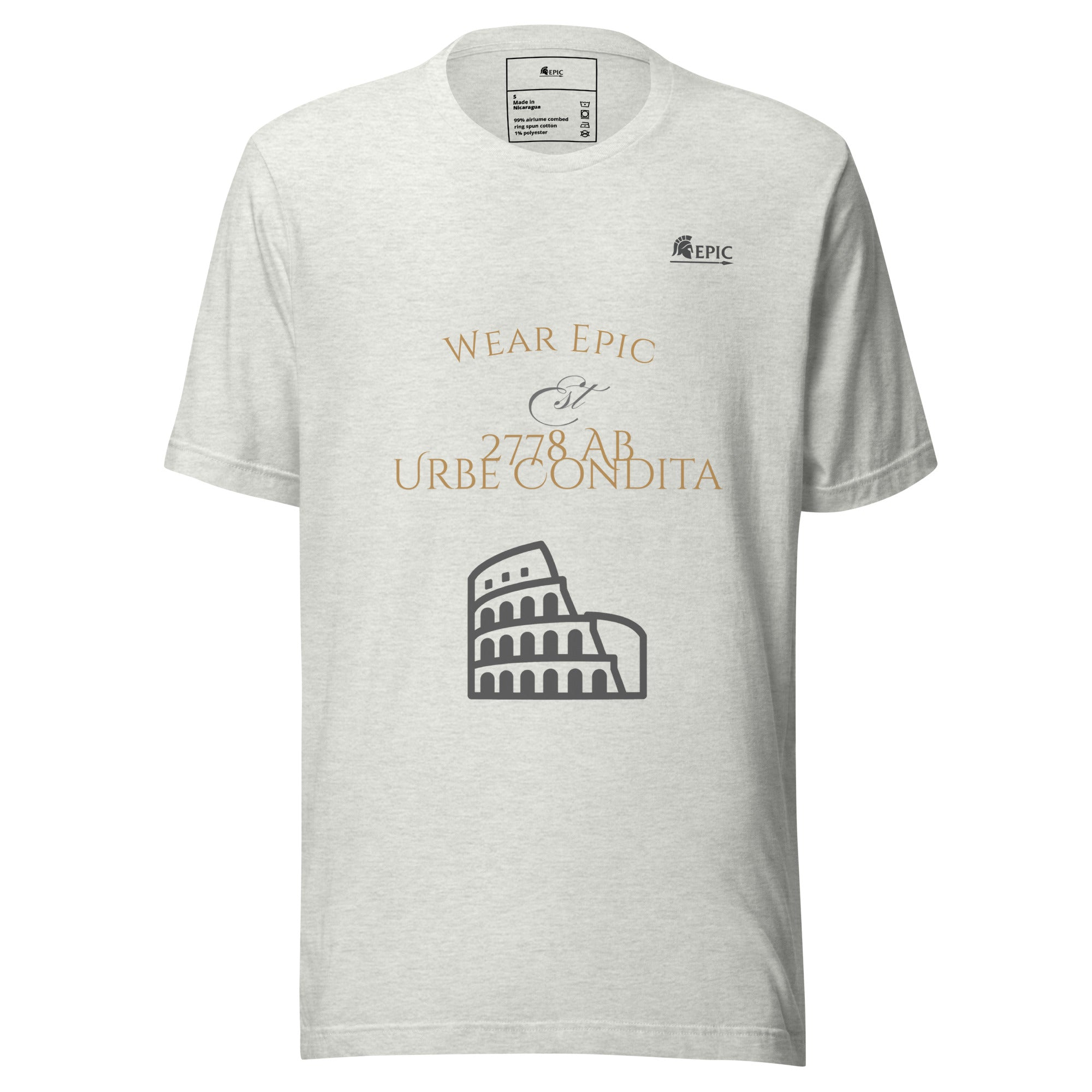 Gray t-shirt with gold and black text and graphics on a white background