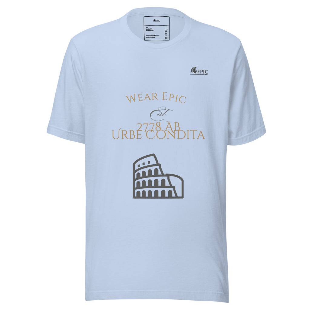 Light blue t-shirt with text and Colosseum graphic on a white background