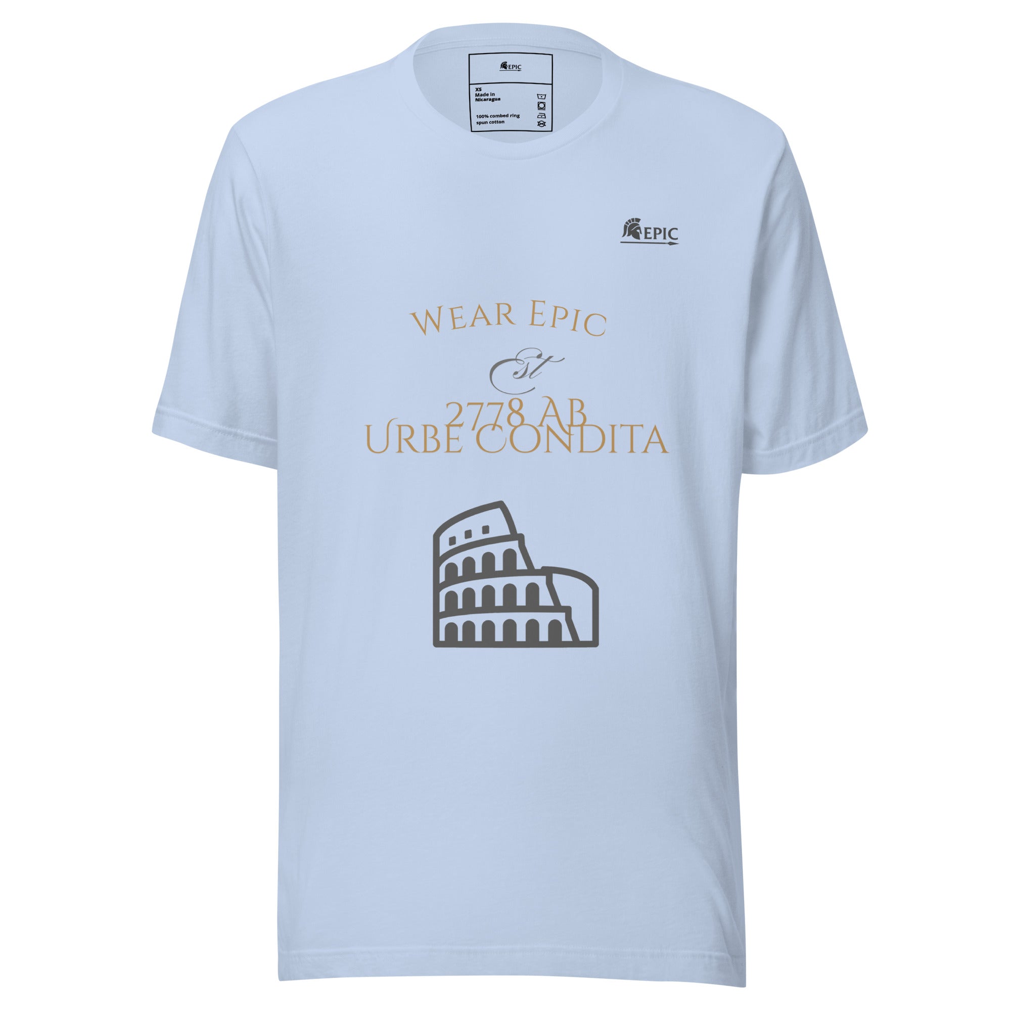 Light blue t-shirt with text and Colosseum graphic on a white background
