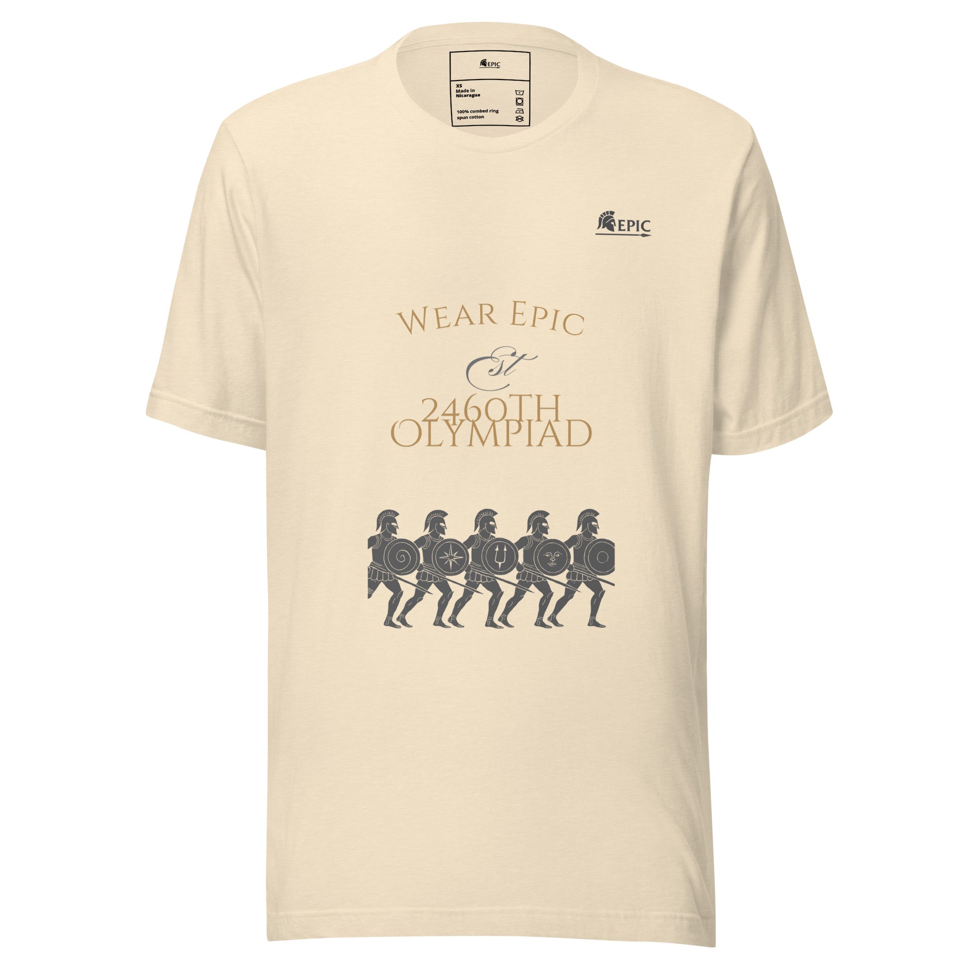 Beige t-shirt with graphic design and text on a white background