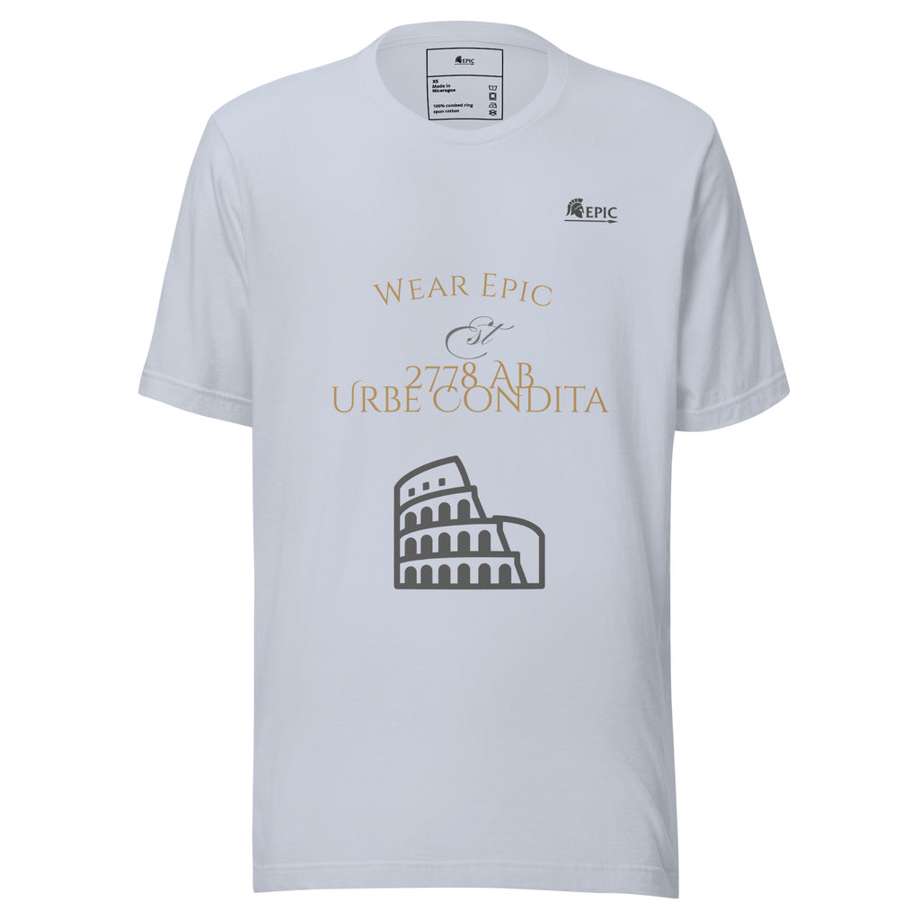 White t-shirt with gold and black text and graphics on a white background