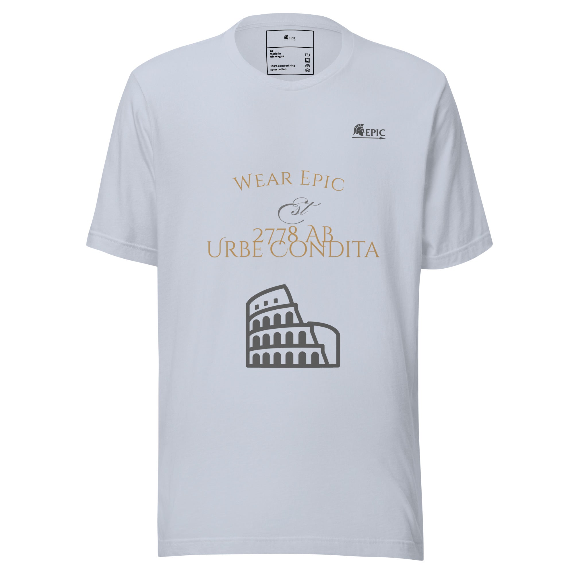White t-shirt with gold and black text and graphics on a white background