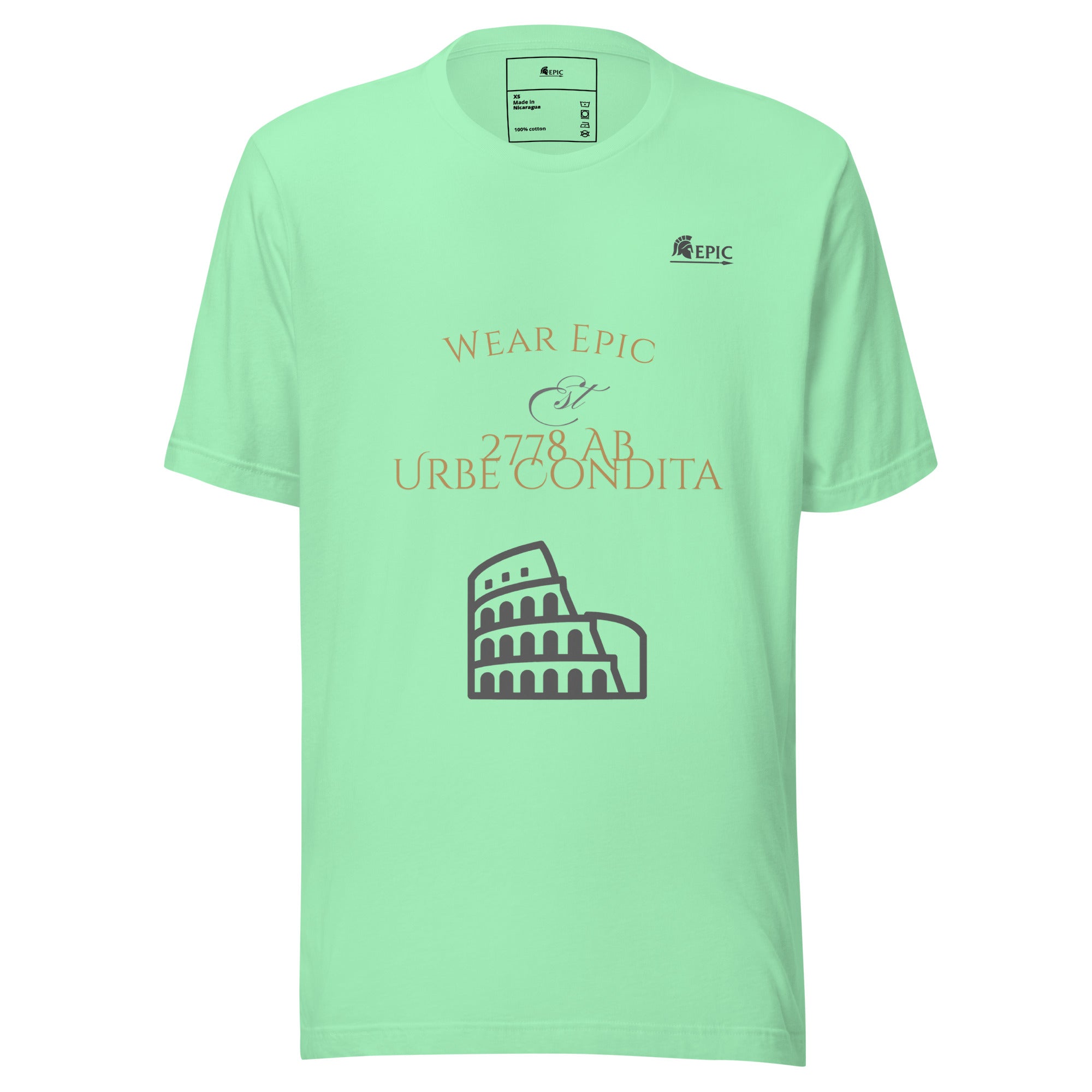 Light green t-shirt with text and Colosseum graphic on a white background