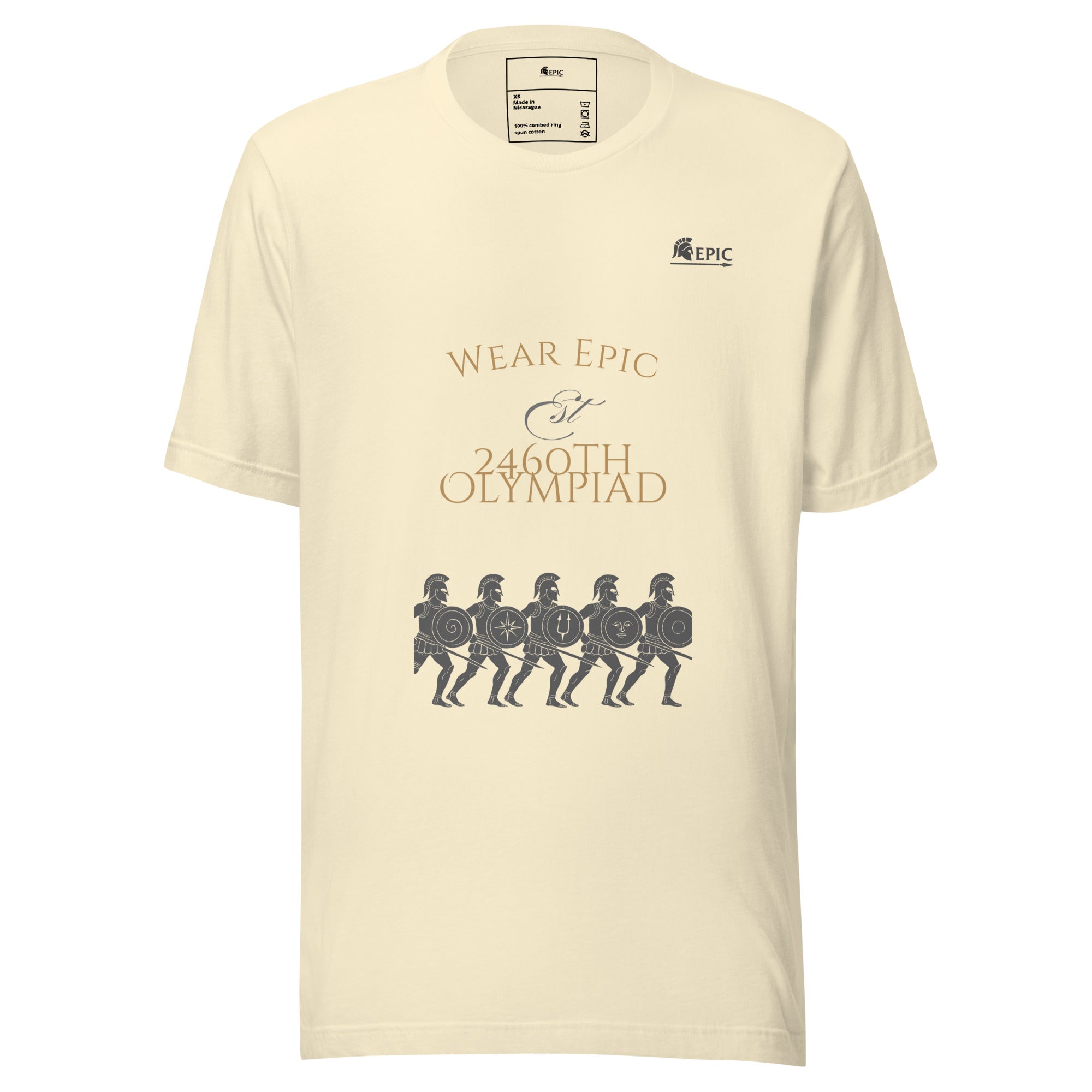 Beige t-shirt with graphic design and text on a white background