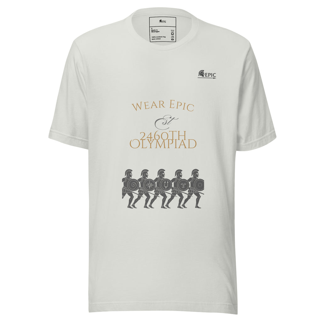 White t-shirt with 'Wear Epic' and '2460th Olympiad' text on a white background