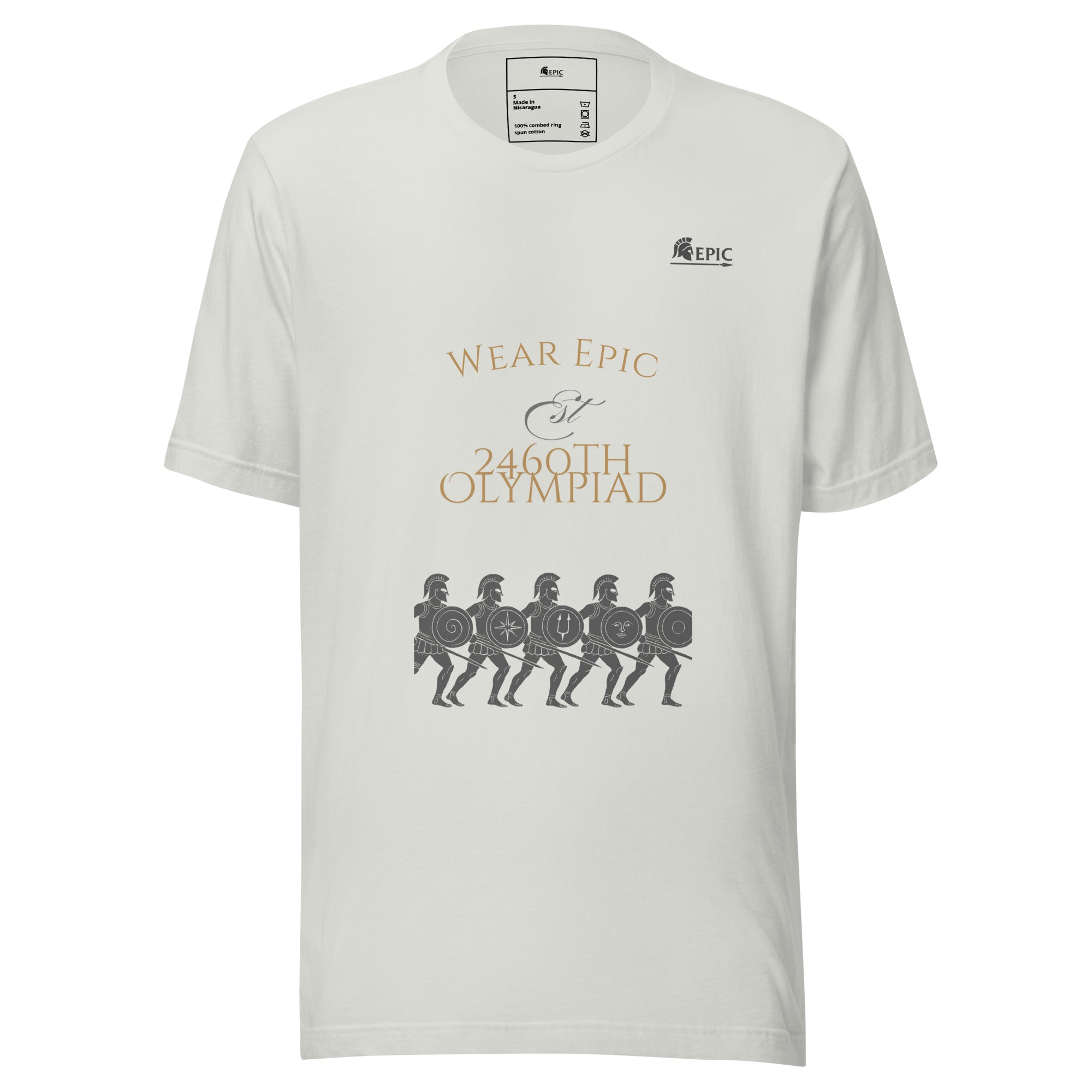 White t-shirt with 'Wear Epic' and '2460th Olympiad' text on a white background