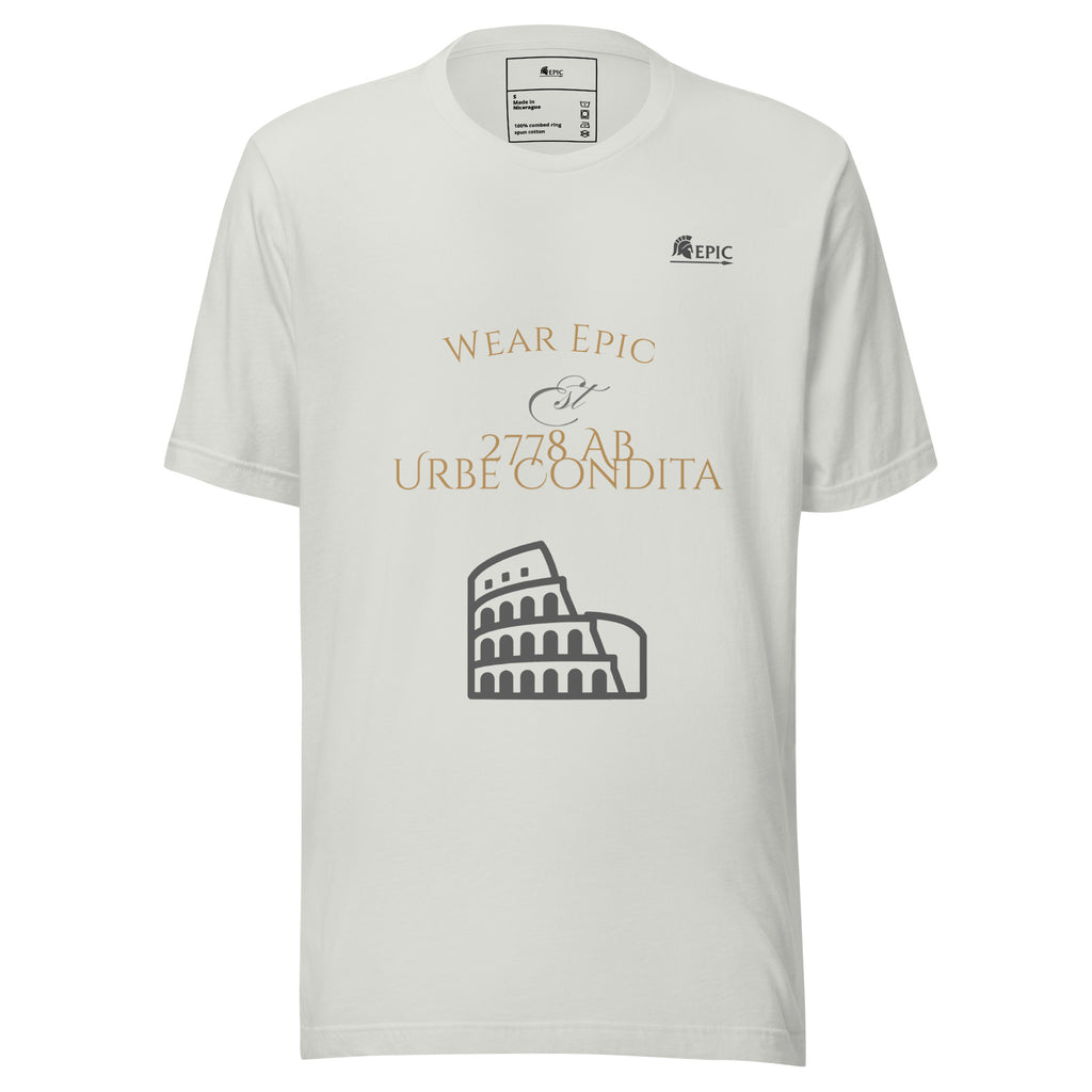 White t-shirt with gold and black text and graphics on a white background