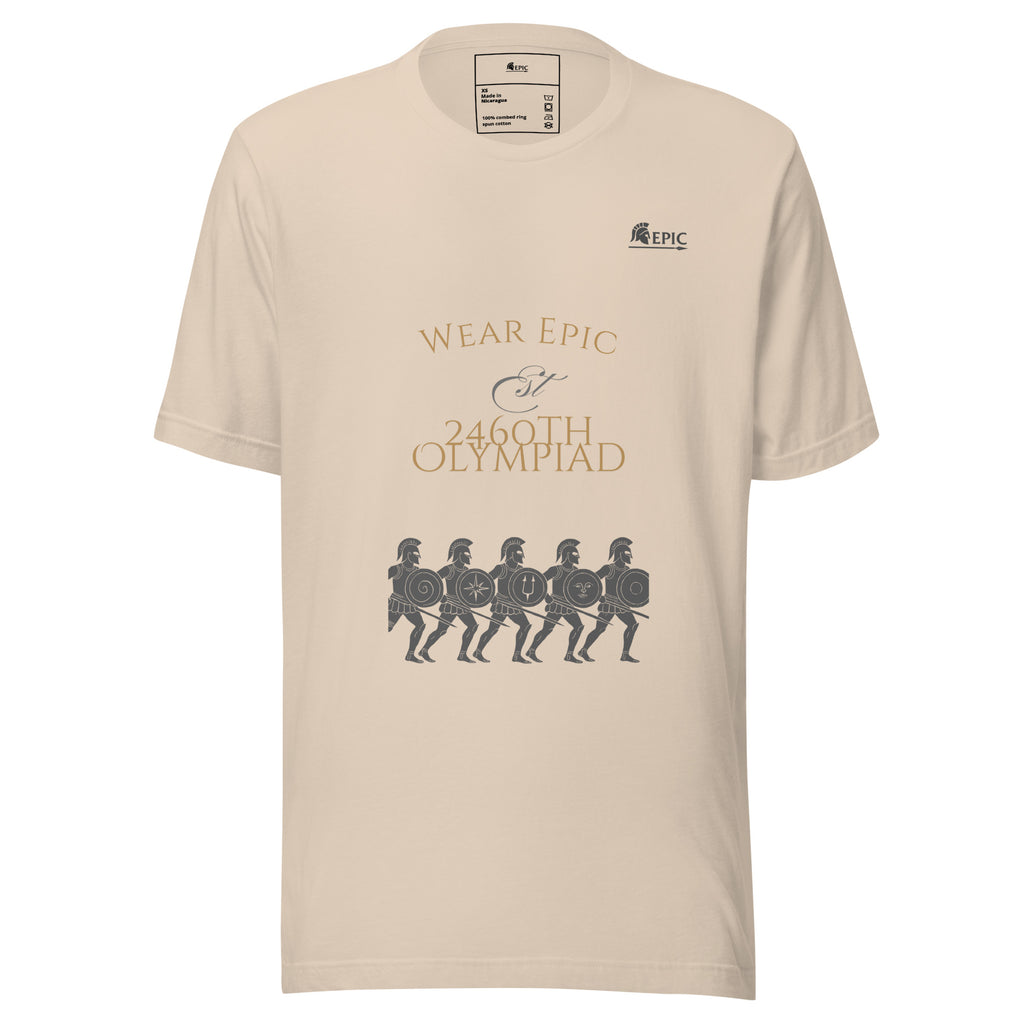Beige t-shirt with graphic design and text on a white background