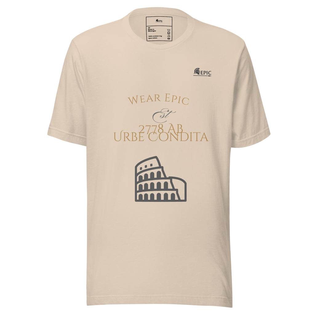 Beige t-shirt with Colosseum graphic and text on a white background