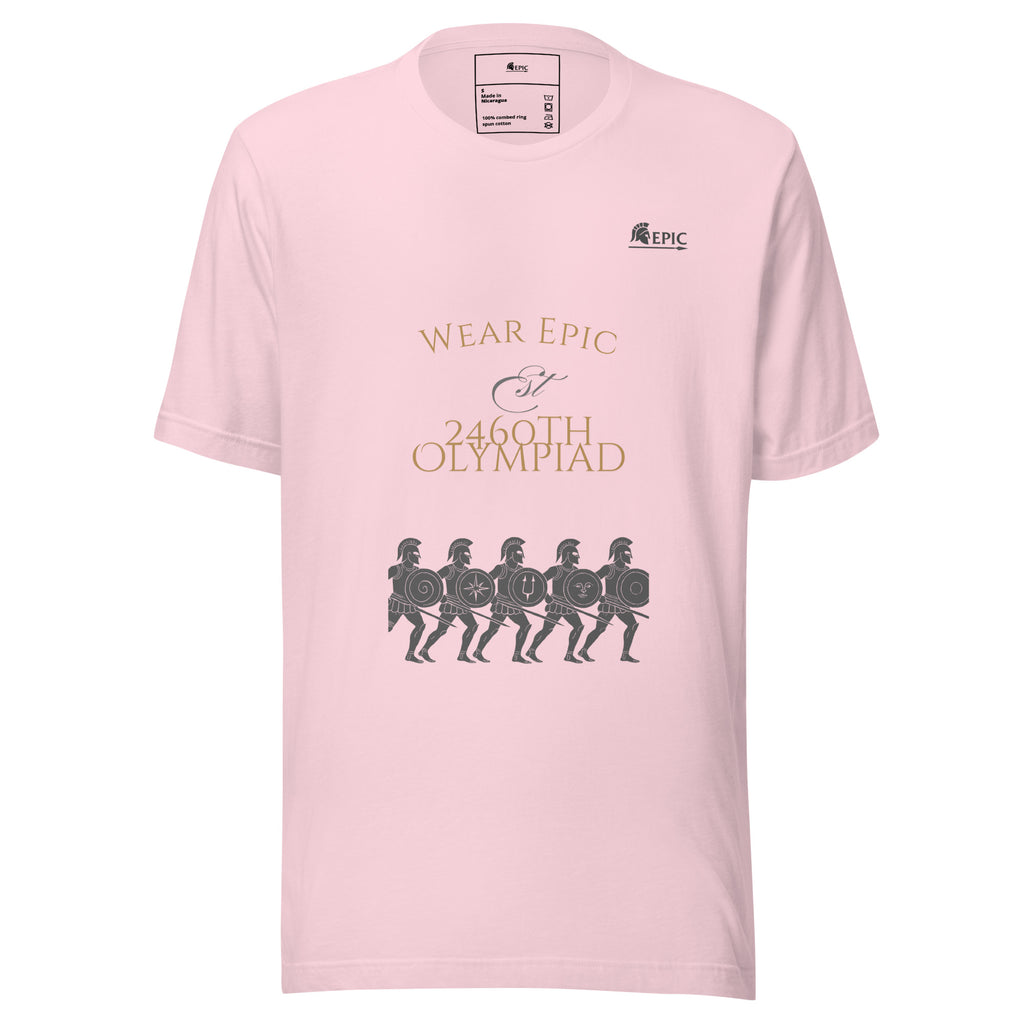 Pink t-shirt with 'Epic' branding and graphic design on a white background