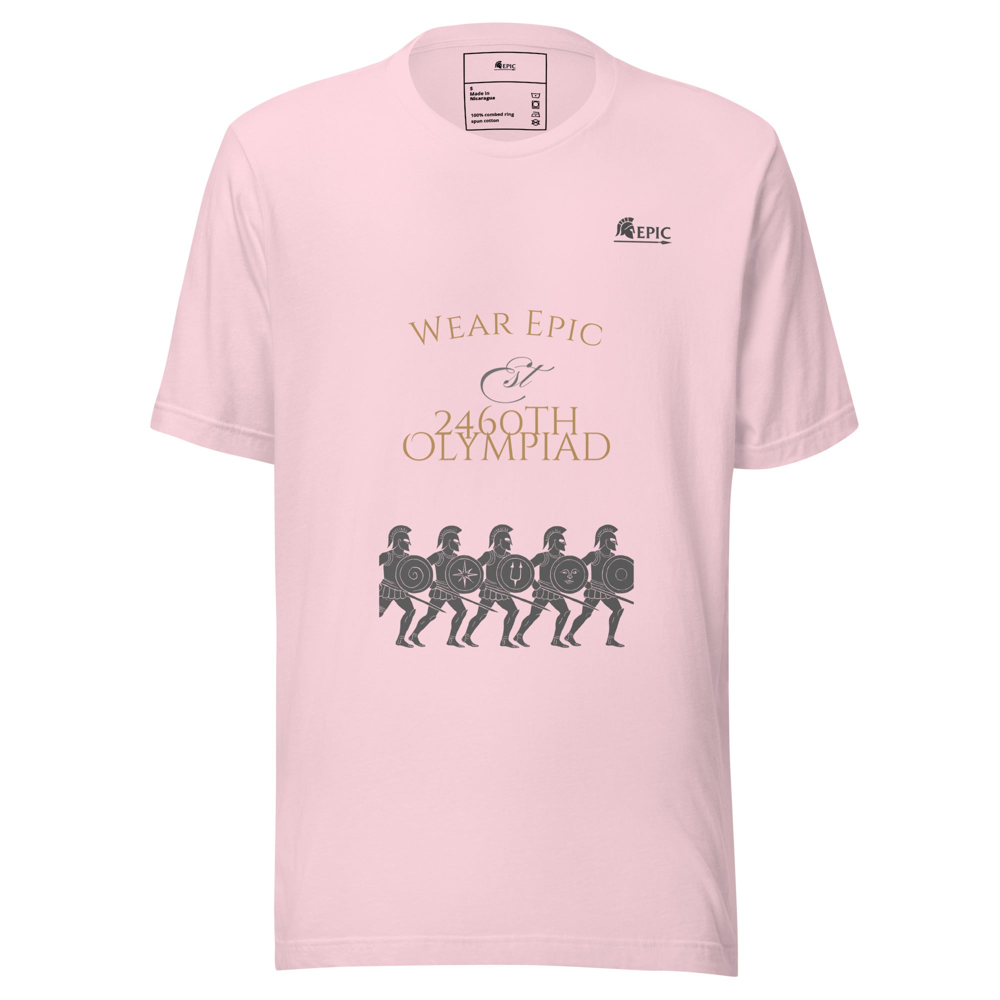 Pink t-shirt with 'Epic' branding and graphic design on a white background