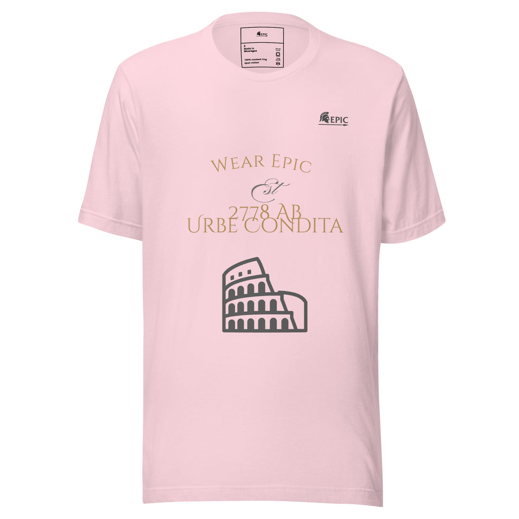 Pink t-shirt with Colosseum graphic and text on a white background