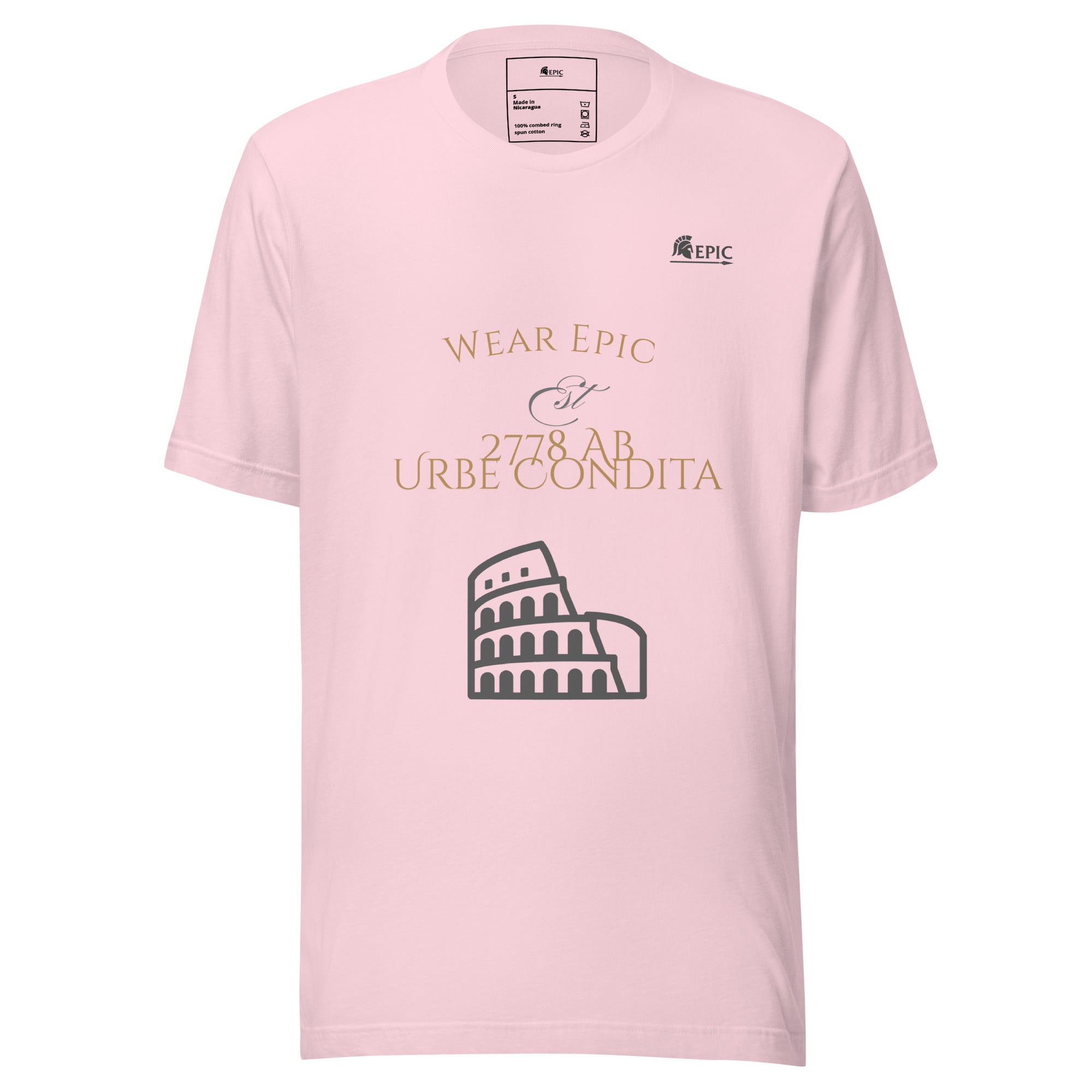 Pink t-shirt with Colosseum graphic and text on a white background