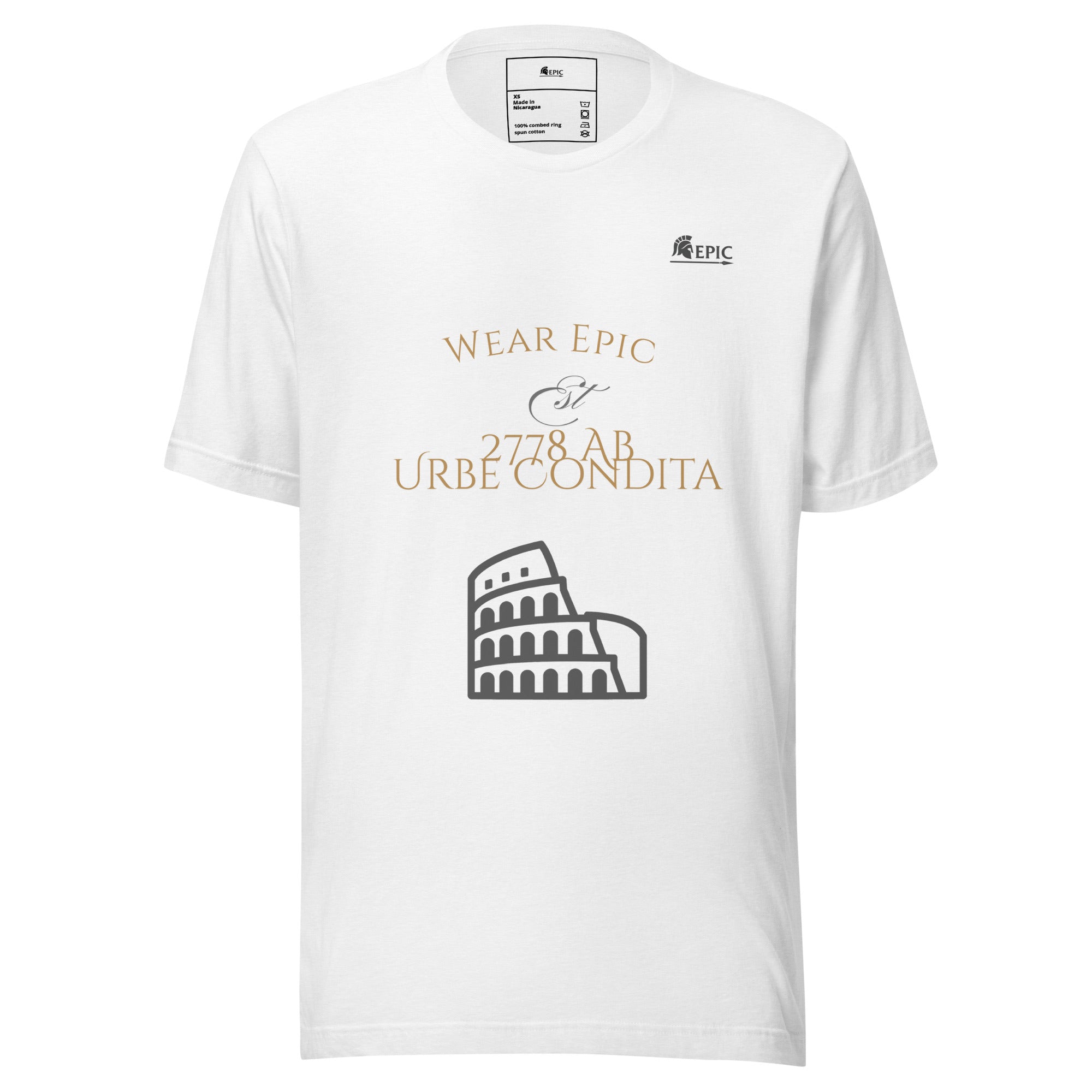 White t-shirt with gold and black text and graphics on a white background