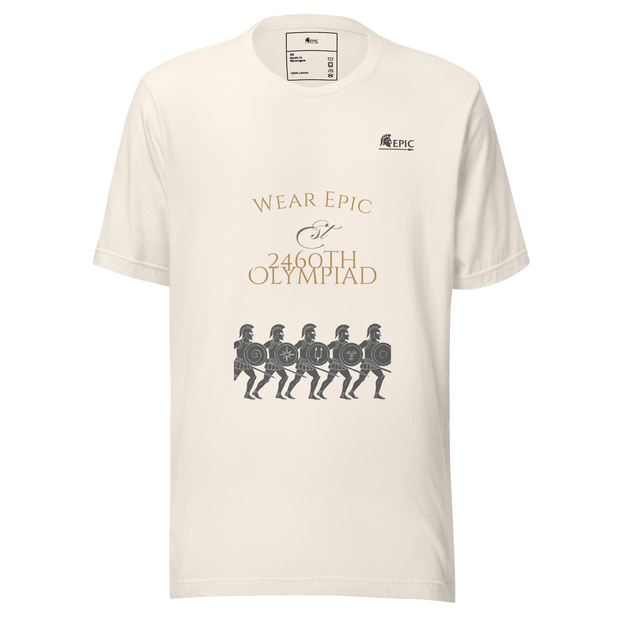 White t-shirt with black text and graphics on a white background