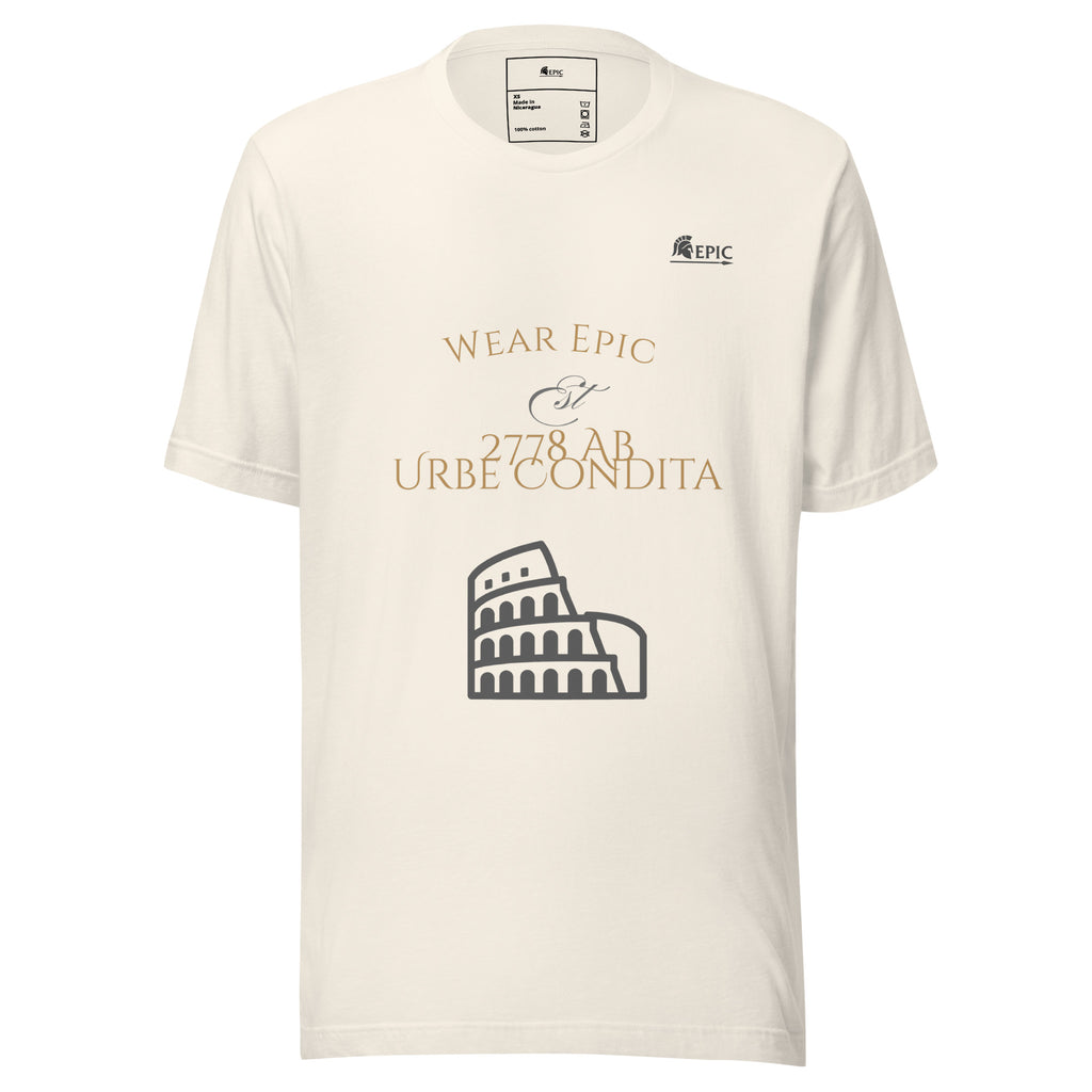 White t-shirt with gold and black text and graphics on a white background