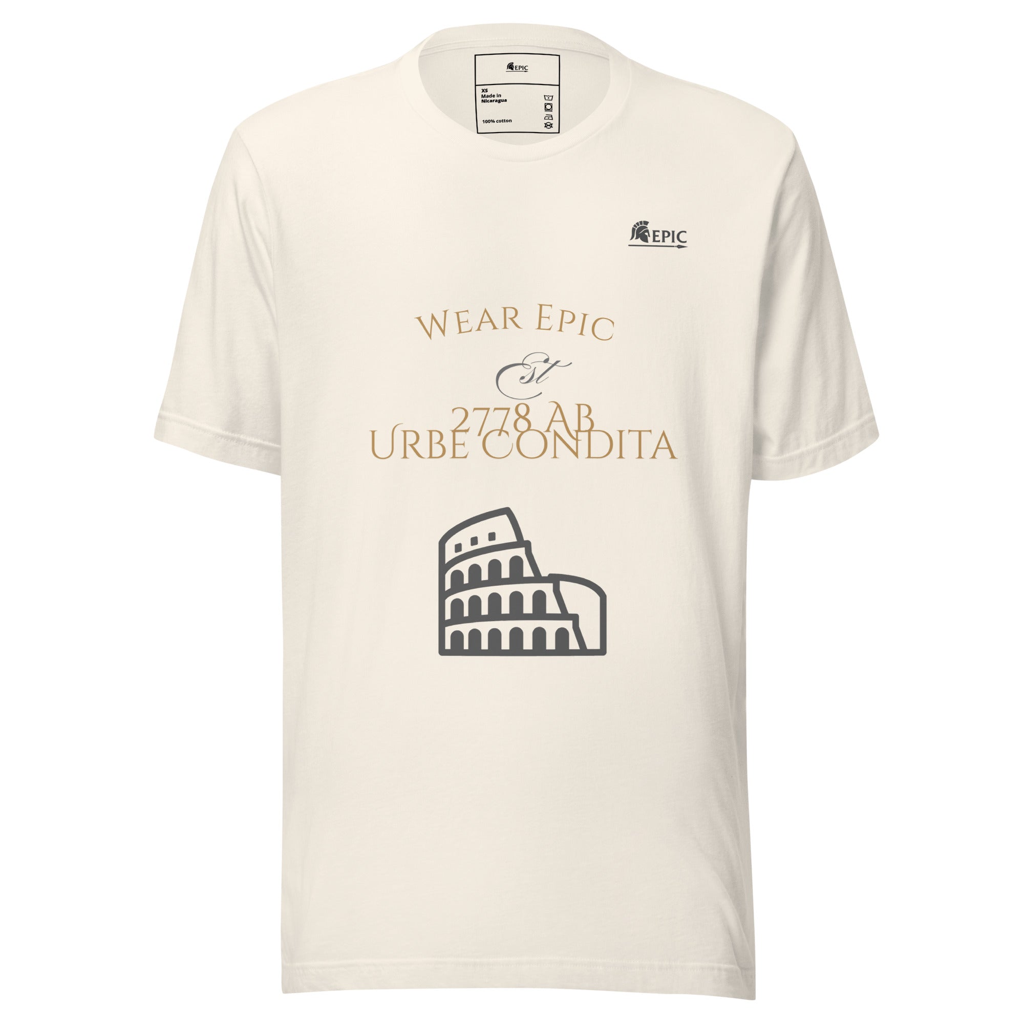 White t-shirt with gold and black text and graphics on a white background