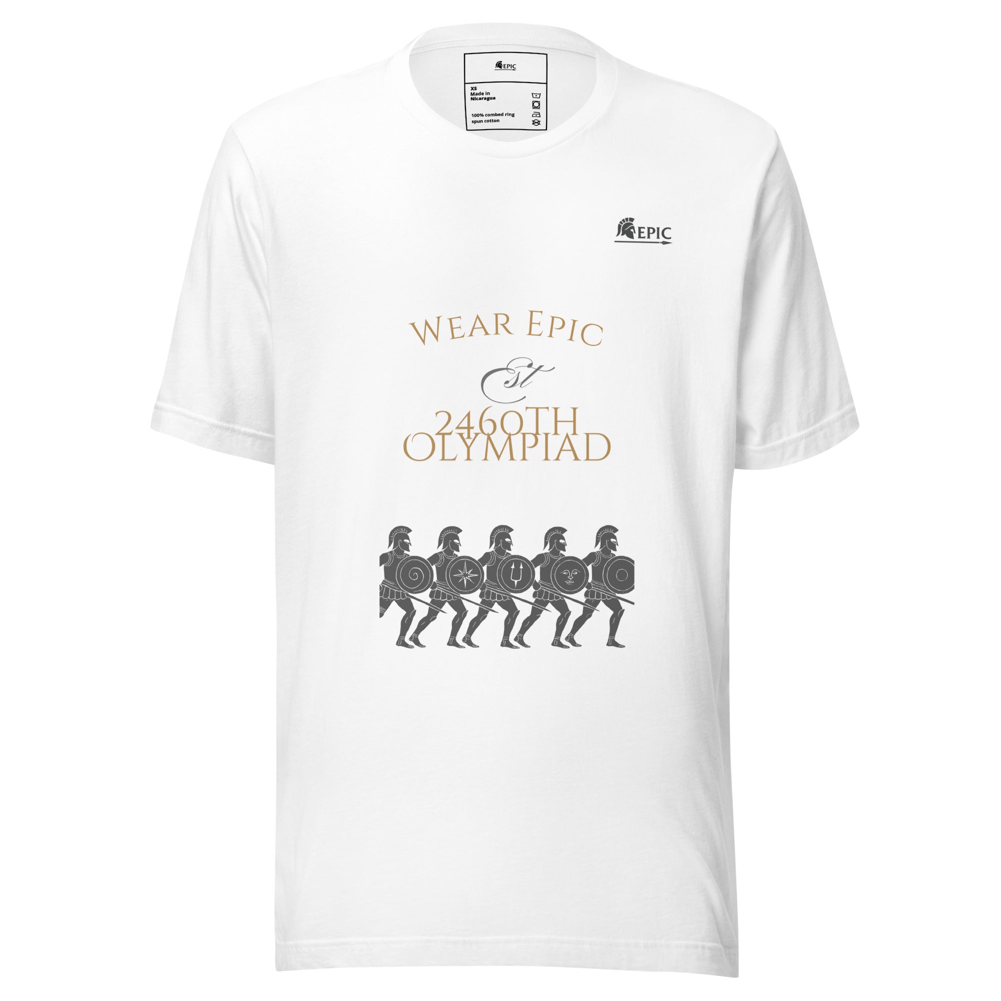 White t-shirt with 'Wear Epic' and '2460th Olympiad' text on a white background