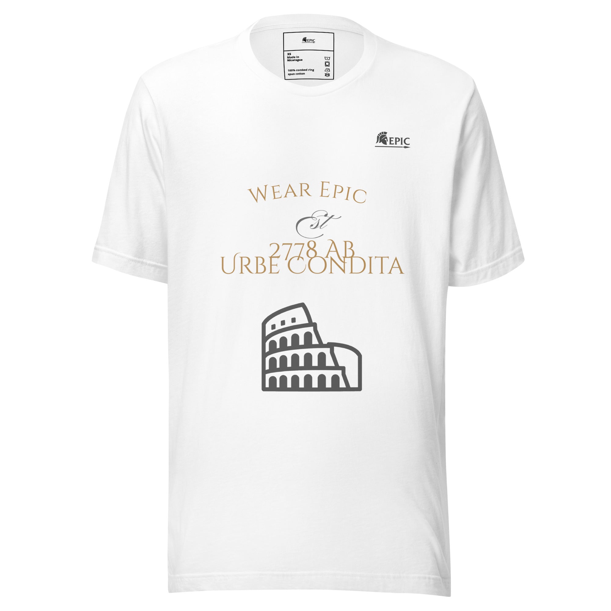 White t-shirt with gold and black text and ROman graphics on a white background