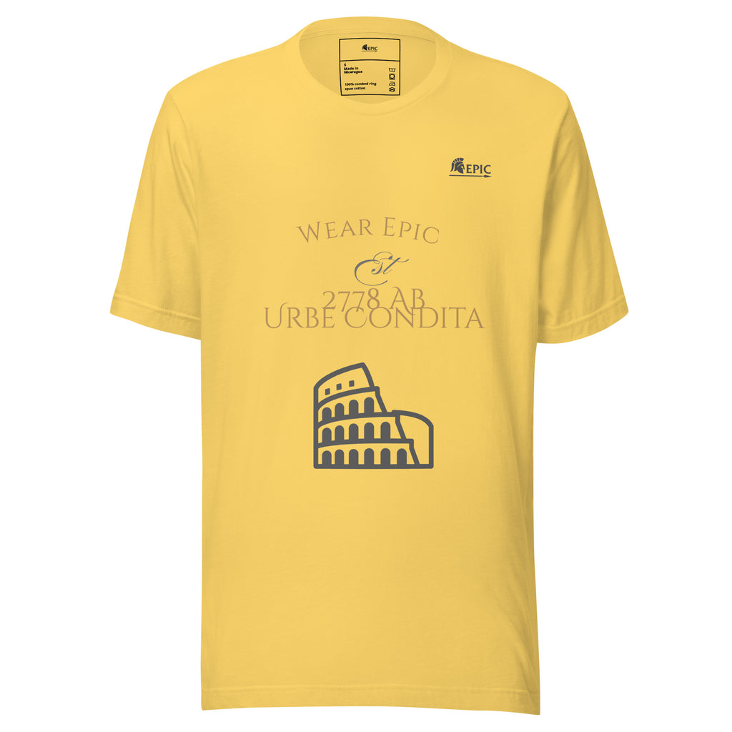 Yellow t-shirt with Colosseum graphic and text on a white background